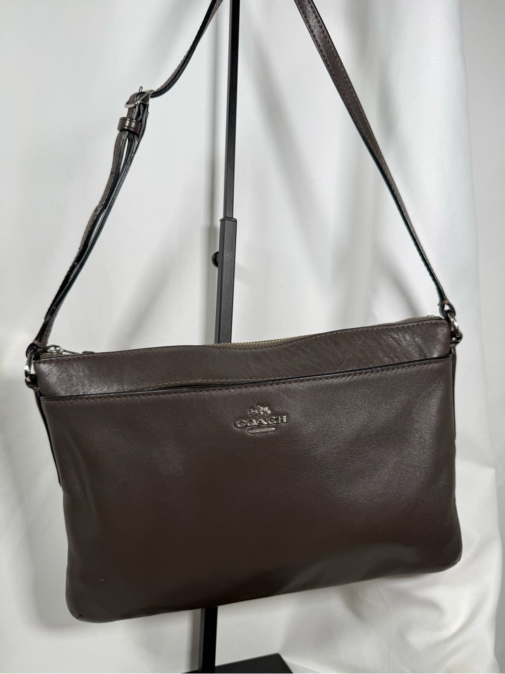 Coach Dark Taupe Leather Crossbody Bag with Silver Logo